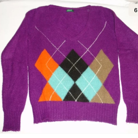 UNITED COLORS OF BENETTON Argyle V-Neck Purple Sweater S - Picture 3 of 8